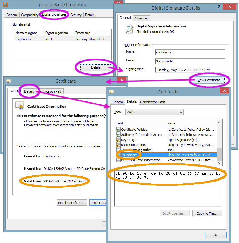 The flow of dialog boxes required to find the certificate thumbprint for Psiphon for Windows