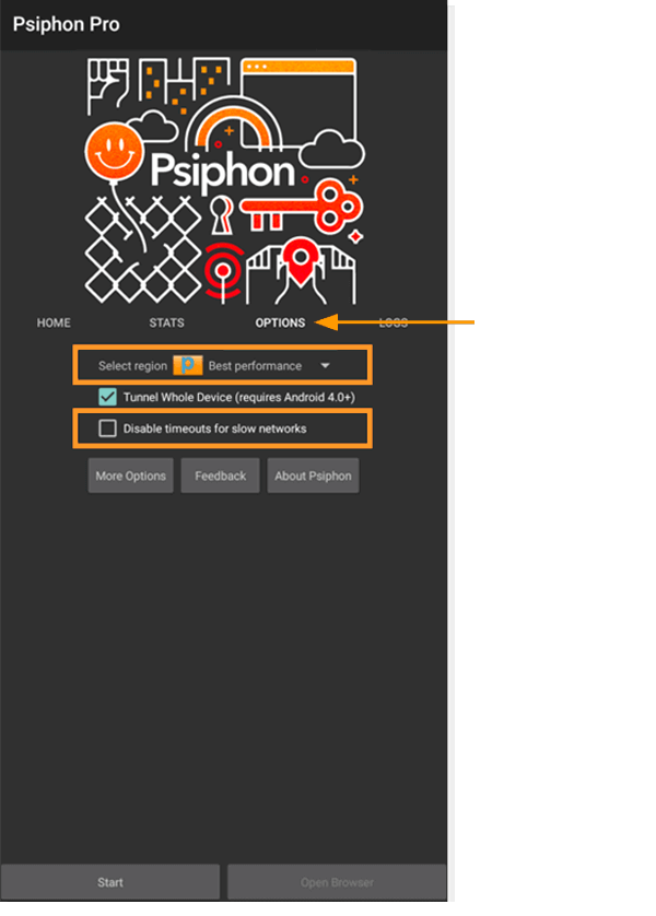 反饋 Android 版 Psiphon 設定標籤分頁的截圖