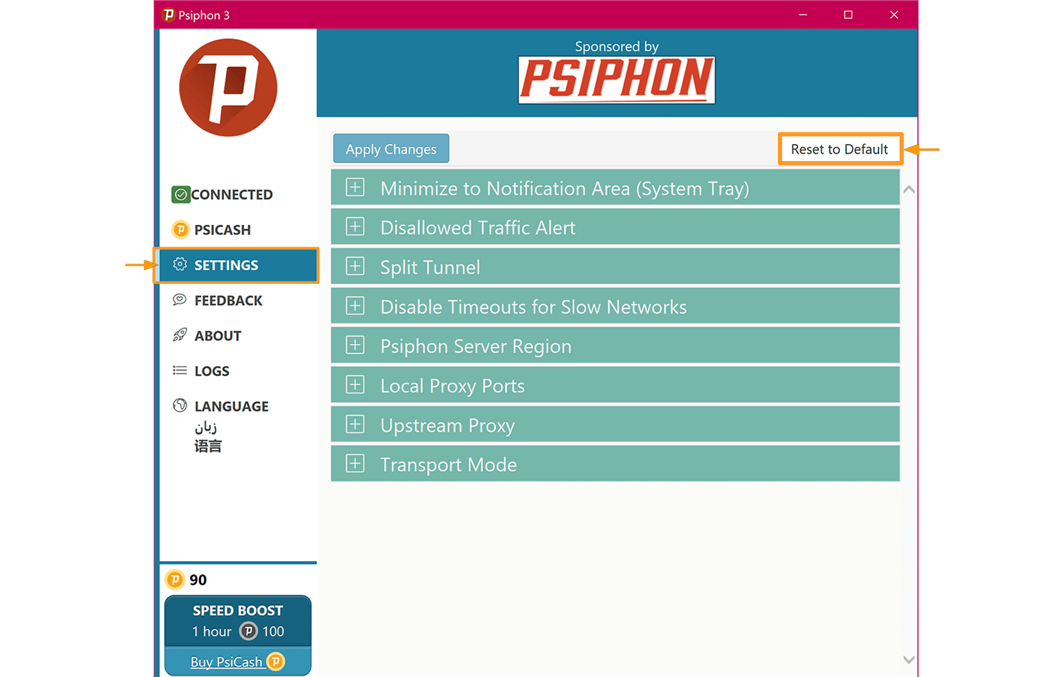 Picha ya skrini ya maoni ya kichupo cha mipangilio ya Windows ya Psiphon